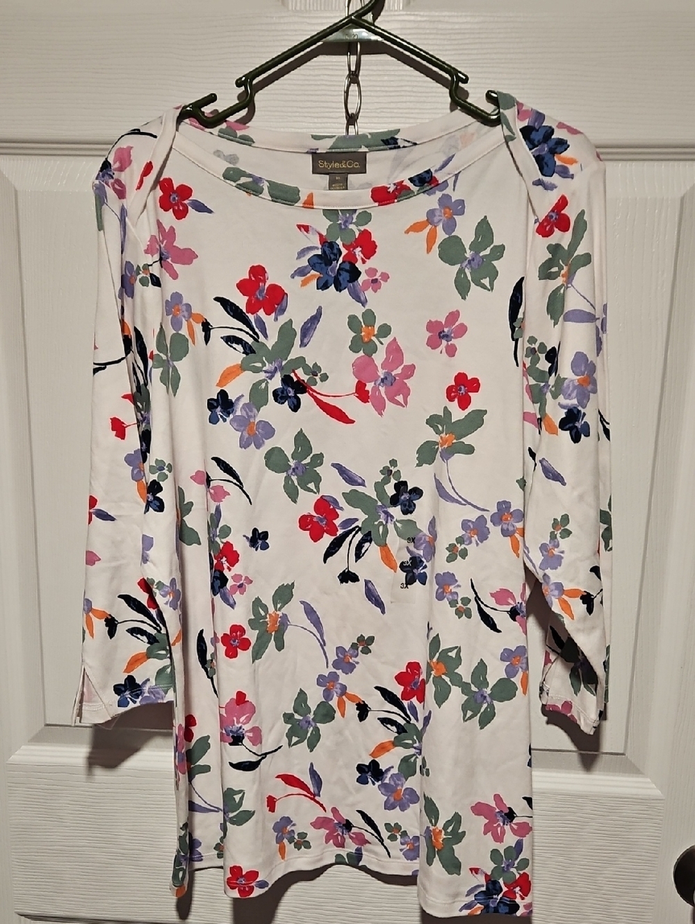 Style & Co. White Floral Boatneck Blouse with Multicolor Blooms